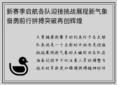 新赛季启航各队迎接挑战展现新气象奋勇前行拼搏突破再创辉煌