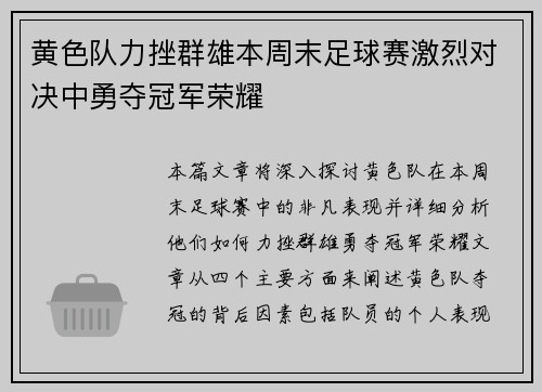 黄色队力挫群雄本周末足球赛激烈对决中勇夺冠军荣耀