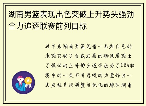 湖南男篮表现出色突破上升势头强劲全力追逐联赛前列目标