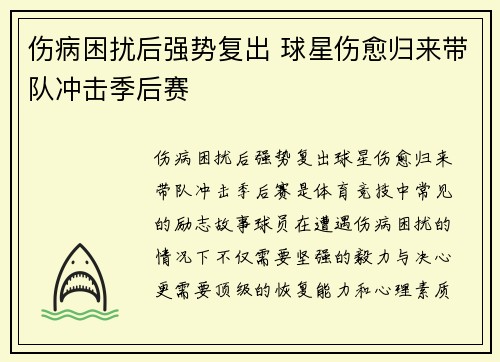 伤病困扰后强势复出 球星伤愈归来带队冲击季后赛